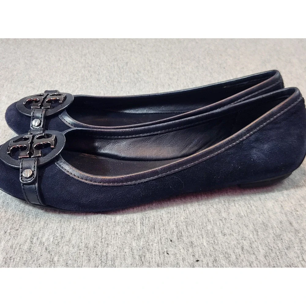 Tory Burch Reva Ballet Flats Womens 7M Navy Blue Suede Logo Medallion